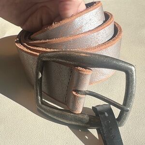 Metallic Genuine Leather Belt with Distressed Metal Buckle